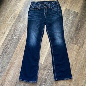 Silver Jeans Co Elyse Slim Boot Jeans Women 27 Dark Blue Distressed Denim